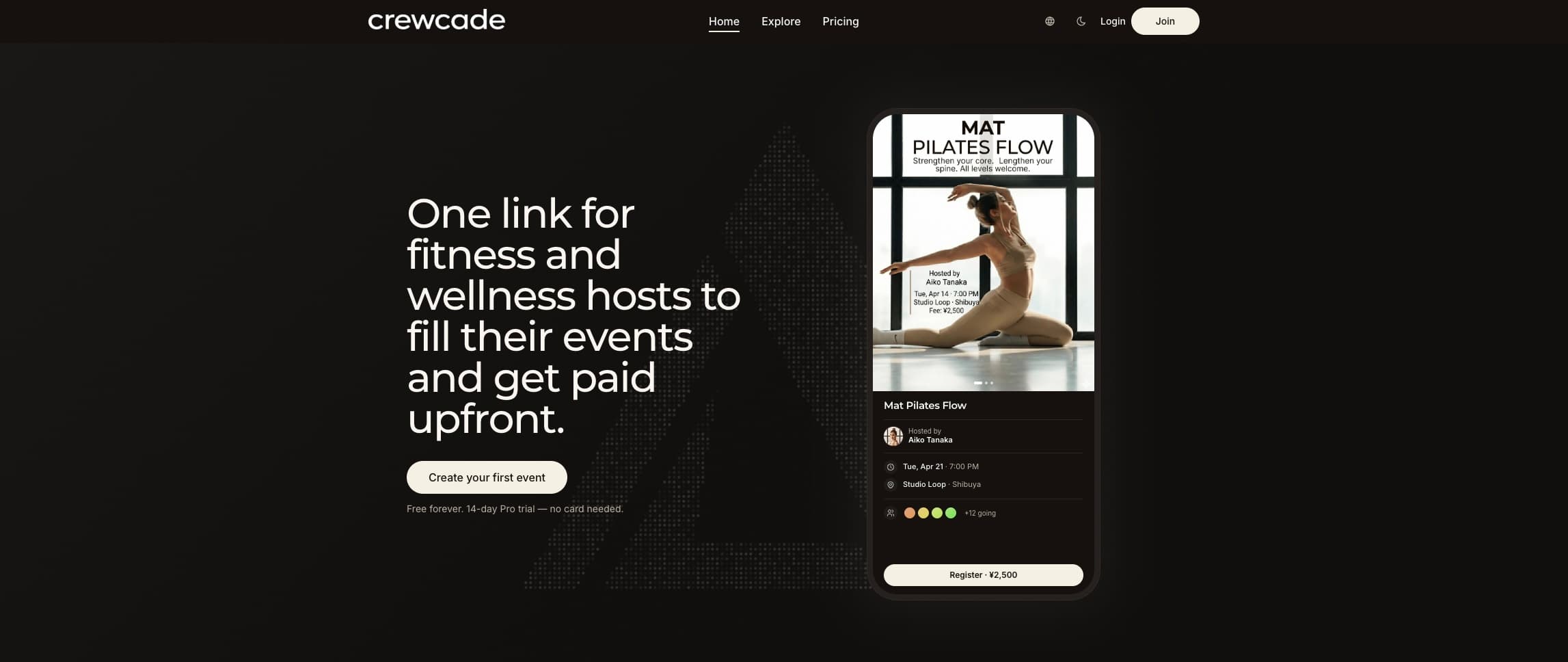 Crewcade homepage, showing a class booking page for a Tokyo pilates instructor.
