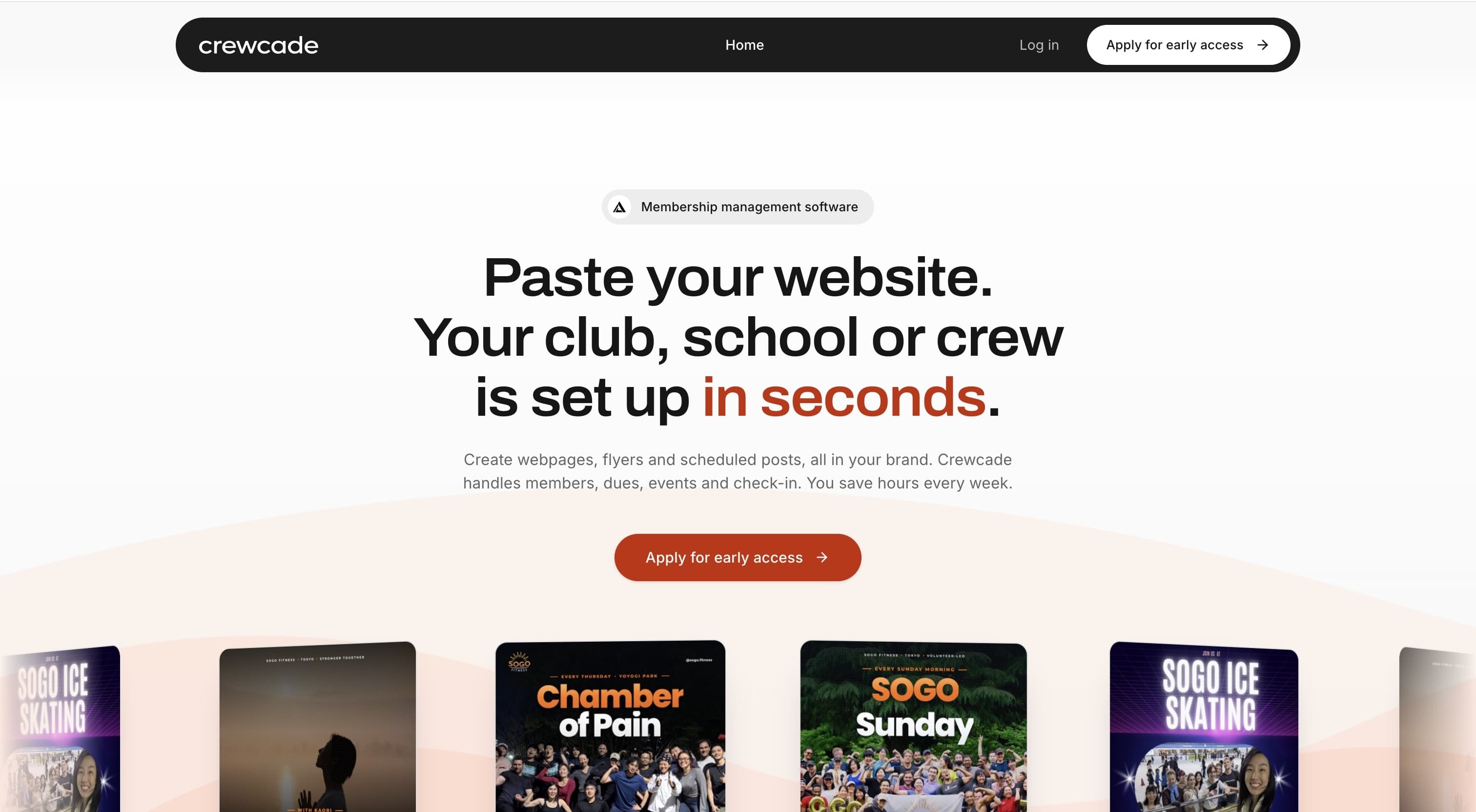 The Crewcade home page, headlined “Paste your website. Your club, school or crew is set up in seconds.”